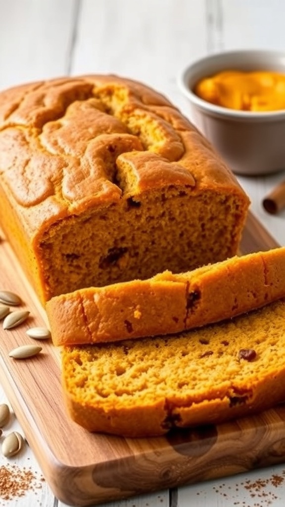 Einkorn Pumpkin Bread Recipe Sliced einkorn pumpkin bread on a cutting board with pumpkin puree and cinnamon in the background.